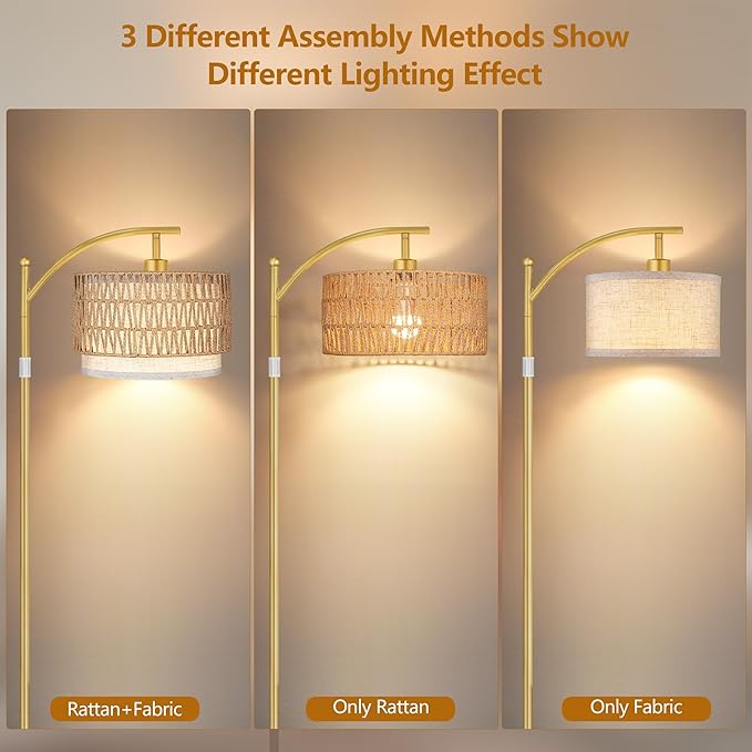 The dimmable arc floor lamp illuminated, providing warm ambient light in a bedroom corner.