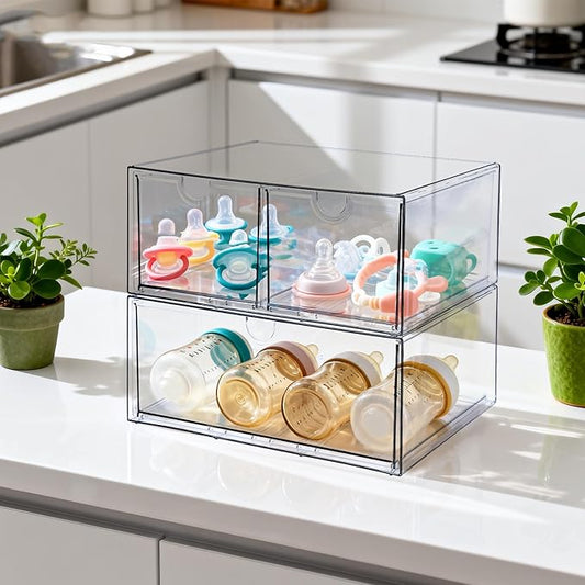 The 3-drawer acrylic organizer displayed on a vanity, filled with makeup and hair accessories.