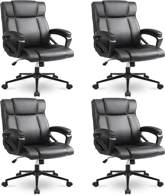Executive Office Chair, Ergonomic Leather Mid-Back with Lumbar Support, Black - Set