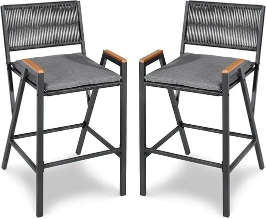 Front view of a single counter height bar stool, showcasing the rattan woven metal frame.