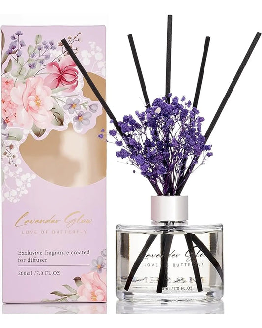 Complete Fresh Green & Eucalyptus reed diffuser set with bottle, reeds, and baby's breath flowers.