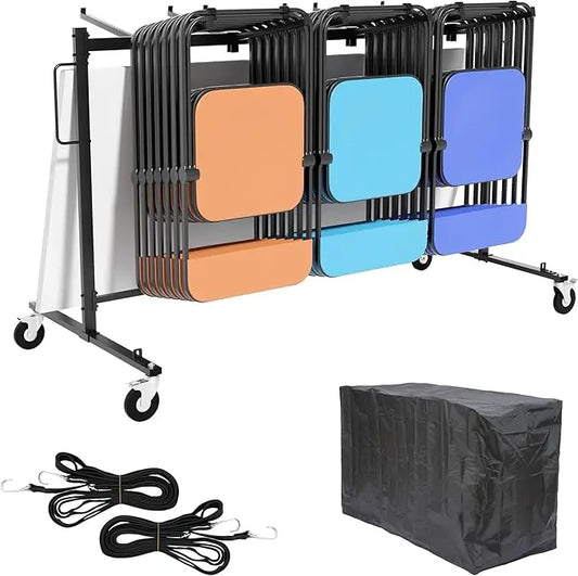 The folding chair cart loaded with approximately 42 chairs, demonstrating its full capacity.