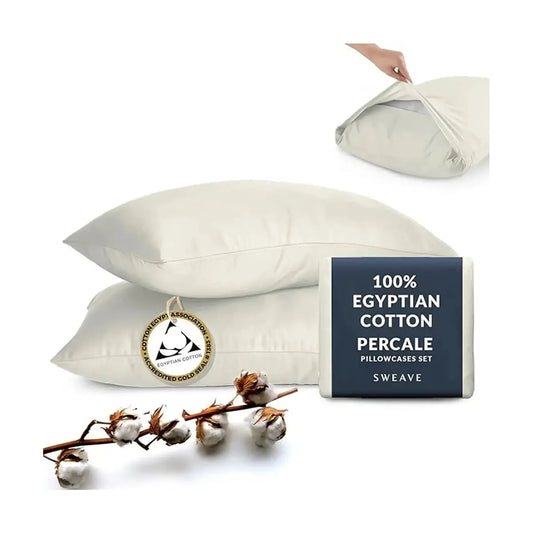 A set of two 100% Egyptian cotton percale pillowcases, neatly folded and ready for use.