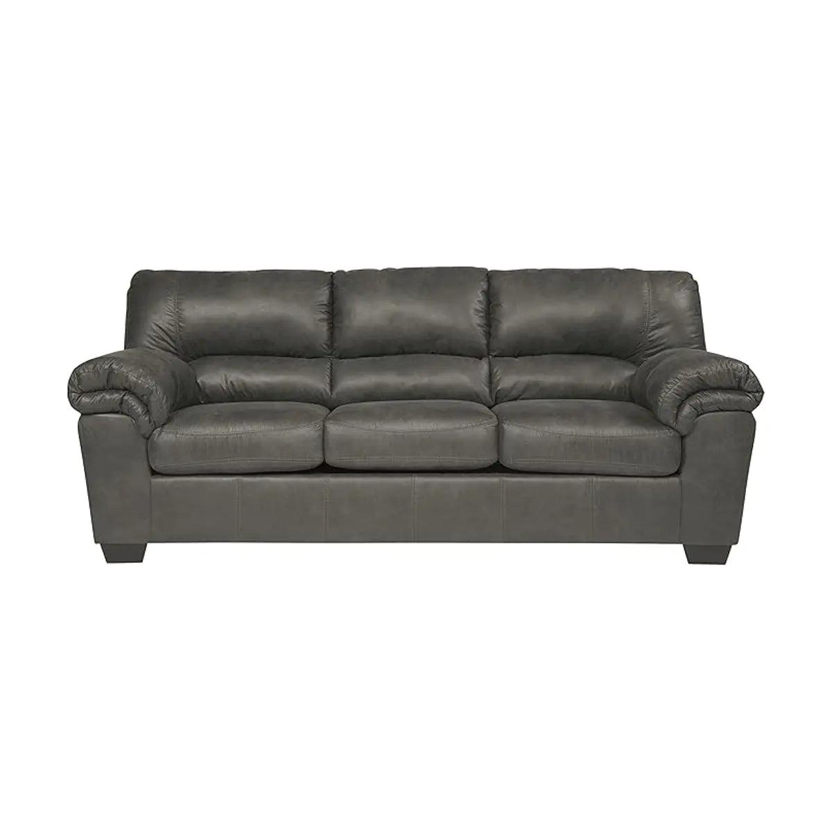 Signature Design by Ashley Bladen gray faux leather sofa, showcasing its full design in a living room.