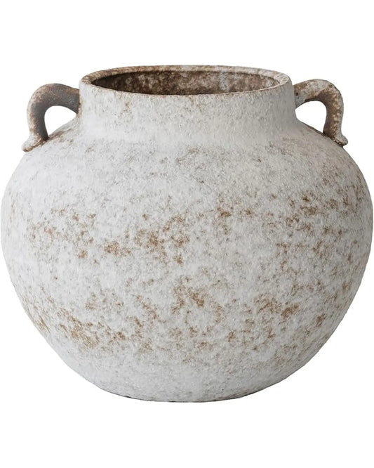 Full view of the short, hand-glazed rustic white ceramic vase with two distinctive ear handles.