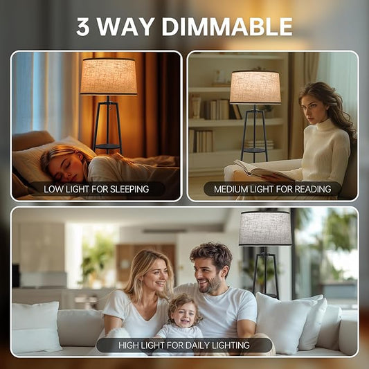 Close-up of the fabric shade and one of the black shelves, showcasing the lamp's texture and utility.