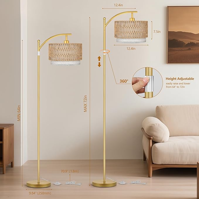 Close-up of the rattan and natural fabric shade, showcasing its textured, layered design.