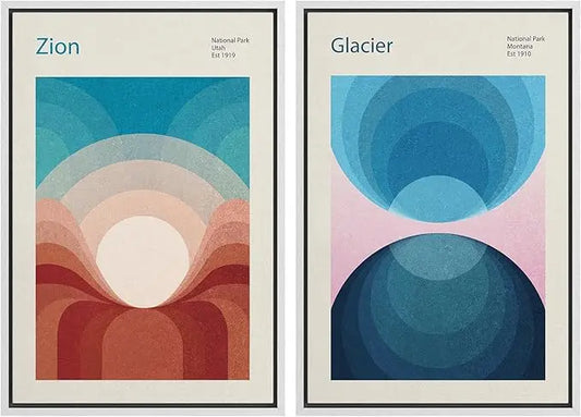 Full view of the two-panel framed canvas art set with modern abstract Zion and Glacier landscapes.