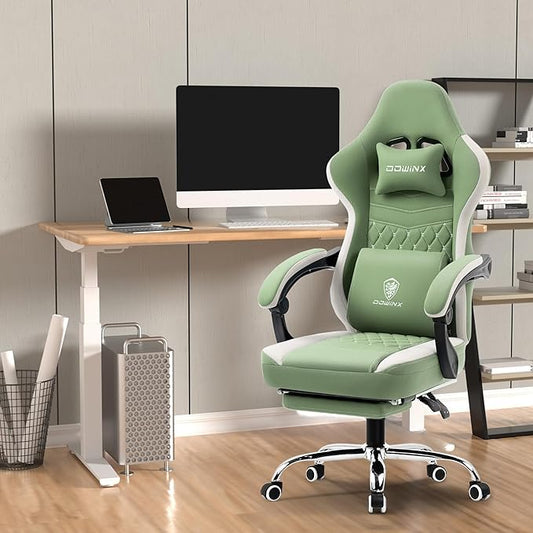 Angled view of the ergonomic green gaming chair, highlighting its comfortable design.
