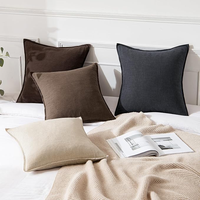 Dark coffee throw pillow covers styled on a bed, perfect for a winter boho farmhouse decor.