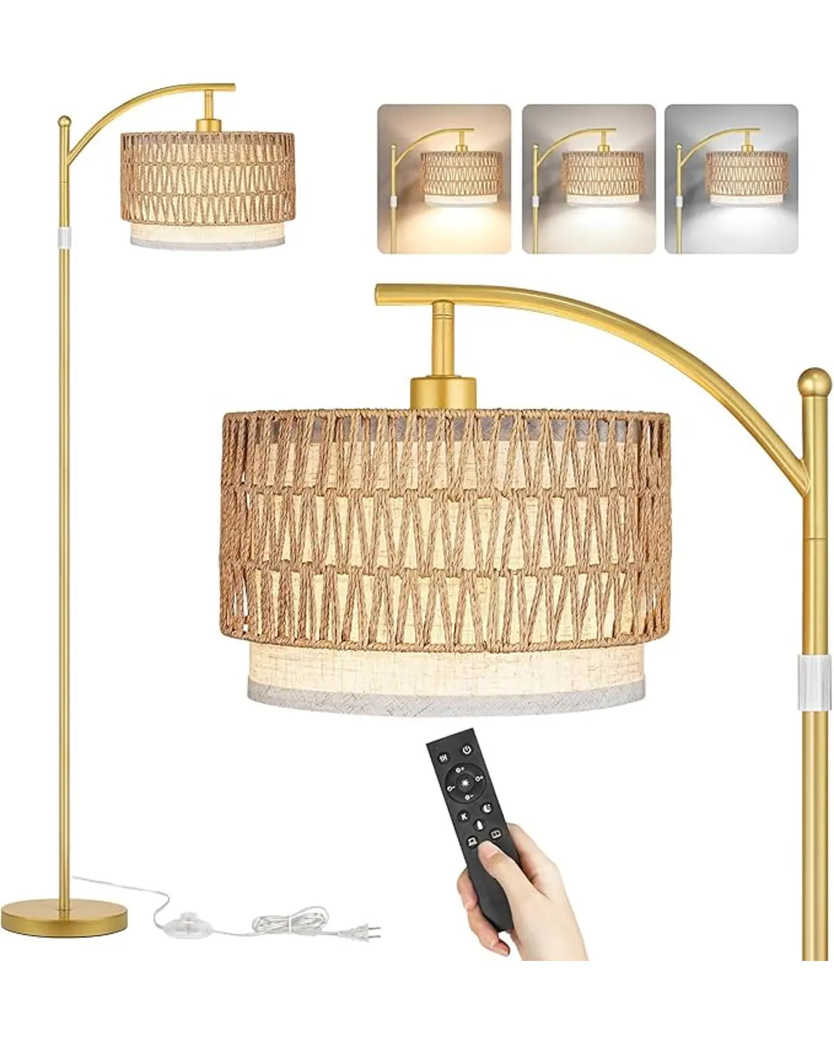 Gold arc floor lamp with a boho farmhouse style, featuring a rattan and fabric double shade.