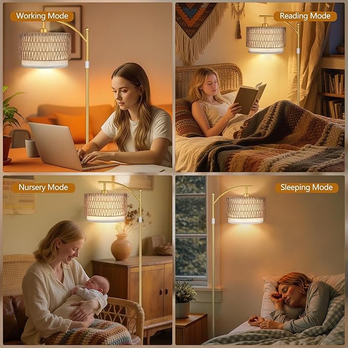 The gold arc lamp positioned next to a sofa, demonstrating its reach and functional design.