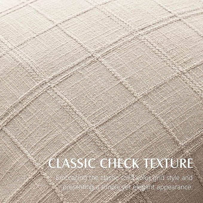 Close-up of the natural linen check fabric, highlighting its woven texture and subtle pattern detail.