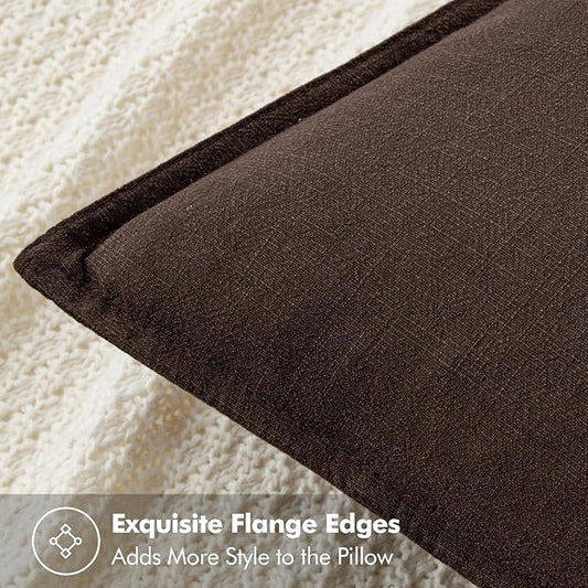 Close-up of the textured dark brown linen fabric, showing its weave and neutral tone.