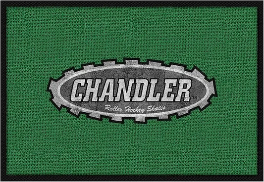 A custom personalized commercial floor mat with a business logo, laid flat in a modern entryway.