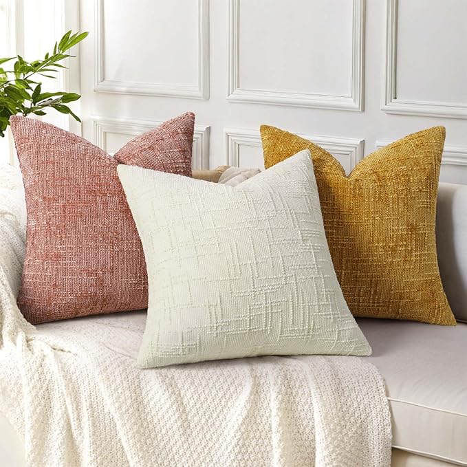 Two pink chenille throw pillow covers, 16x16 inches, stacked to emphasize their plush texture and color.