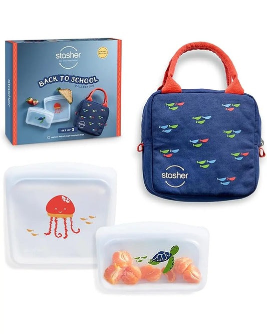 Stasher Reusable Silicone Food Storage Bags 3-pack, showcasing various sizes for lunch and travel.