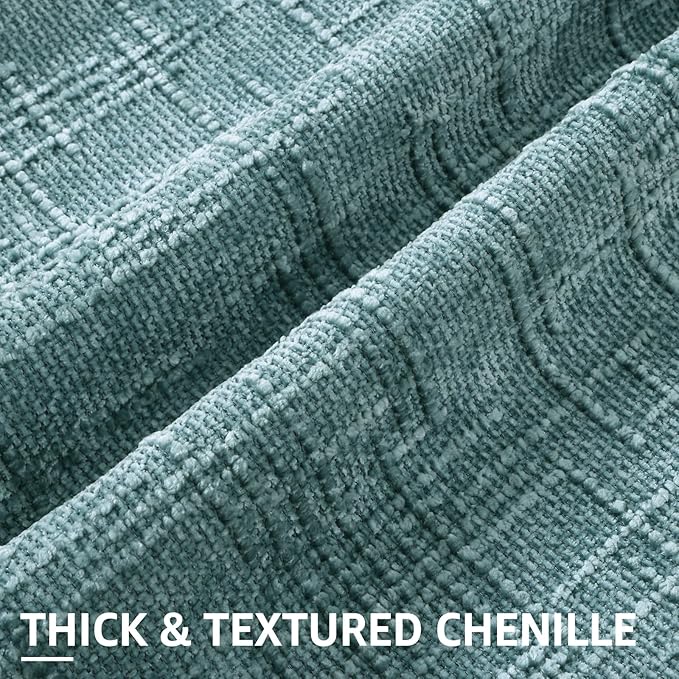 Close-up of the thick, slubby texture of the teal chenille fabric, highlighting its rich feel.