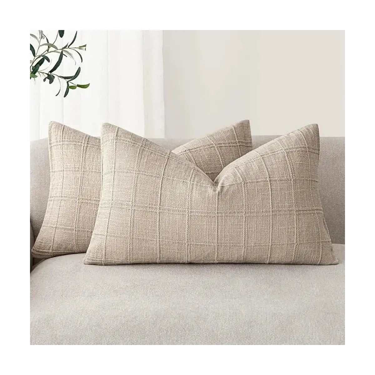 Pair of natural linen check lumbar throw pillow covers, 12 x 20 inch, on a clean white background.