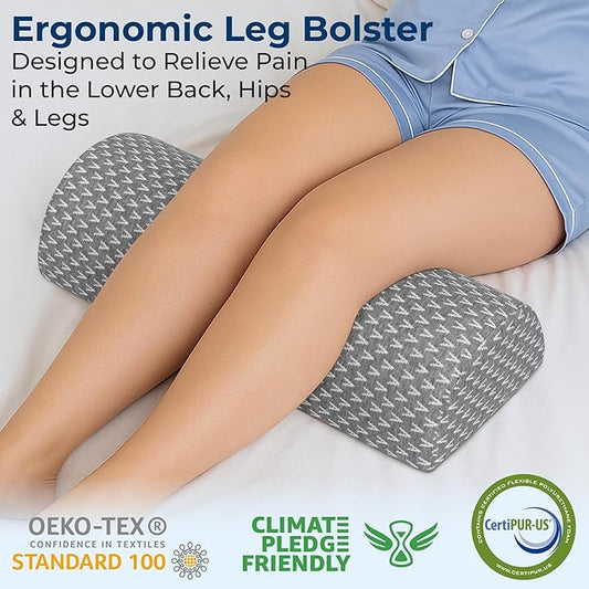 The large knee pillow providing ample under-leg support for back sleepers.