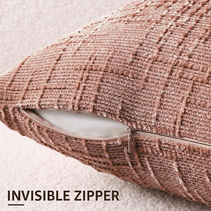 Pink chenille pillow cover displaying its hidden zipper closure, ensuring a seamless look.