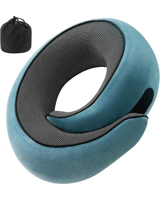Full view of the light blue memory foam travel neck pillow, designed for comfort.