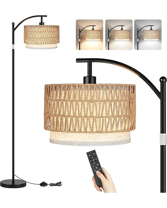 Black arc floor lamp with a boho farmhouse style, featuring a rattan and fabric double shade.