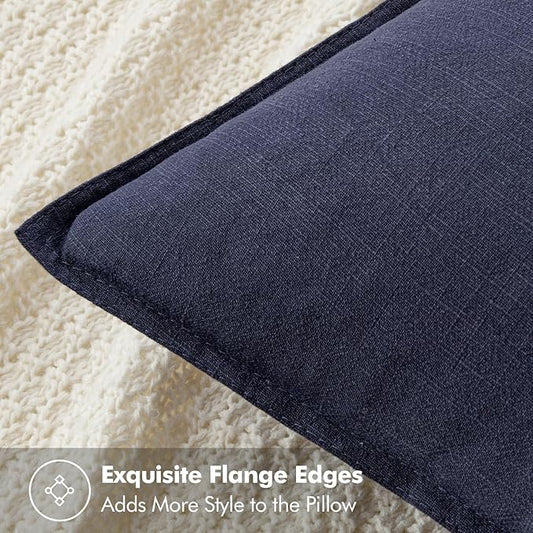 Close-up view of the navy linen fabric, highlighting its subtle woven texture.
