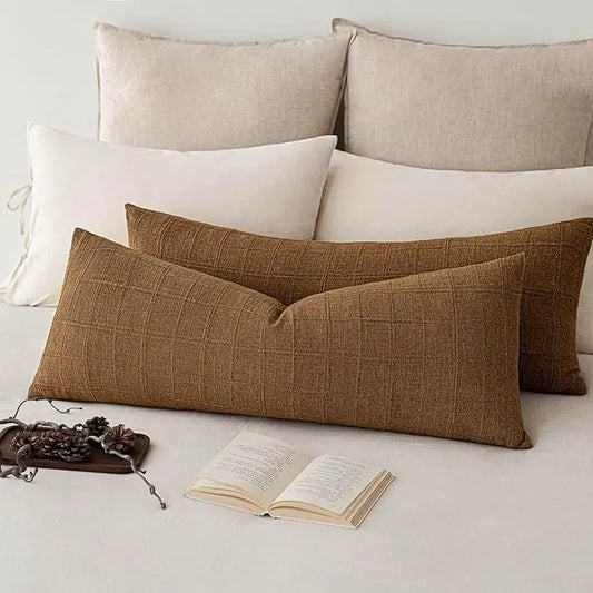 Close-up of the brown hazel linen fabric, highlighting the textured check pattern.