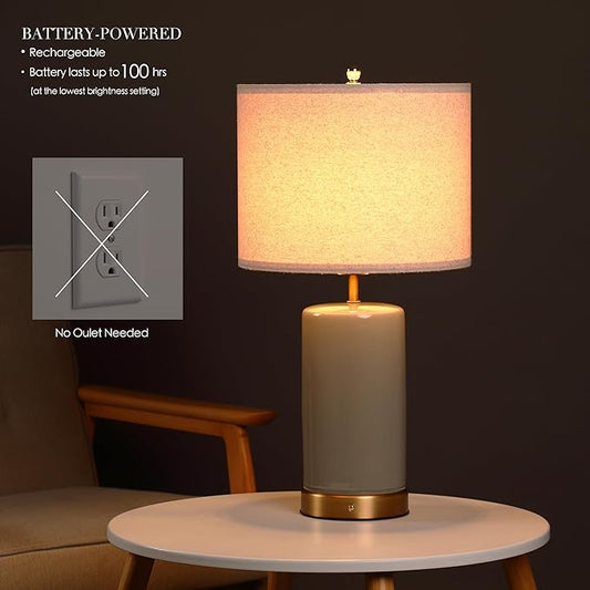 Full view of the rechargeable 24 inch height table lamp, showcasing its elegant ceramic base.