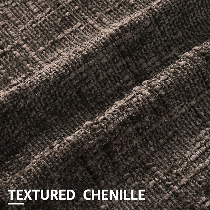 Close-up of the thick, textured slubby chenille fabric in a rich dark brown color, showing its softness.
