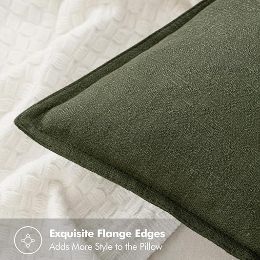 Close-up view of a single dark olive green linen throw pillow cover, highlighting the fabric weave and rich color.