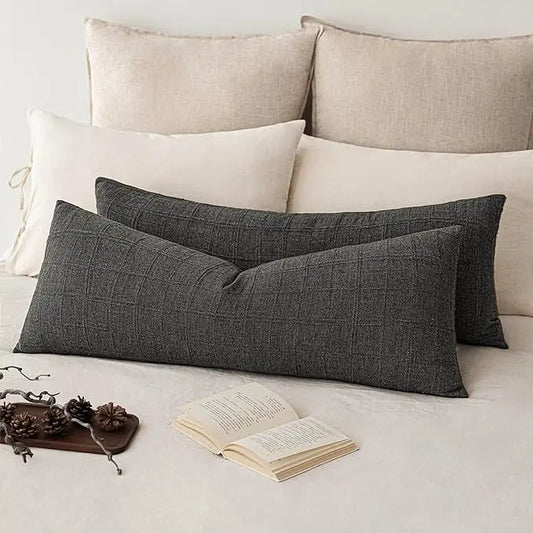 Close-up of the charcoal linen fabric, highlighting the textured check pattern.