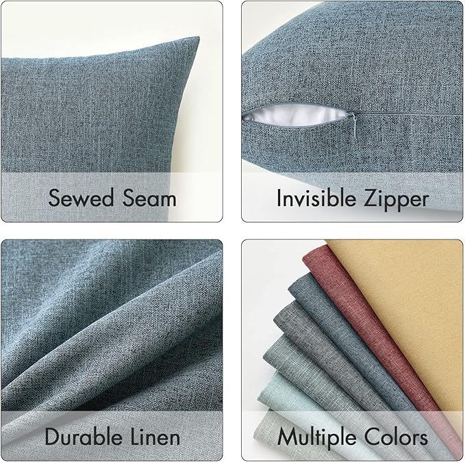 A single dusty blue throw pillow cover folded to showcase its material and neat stitching.