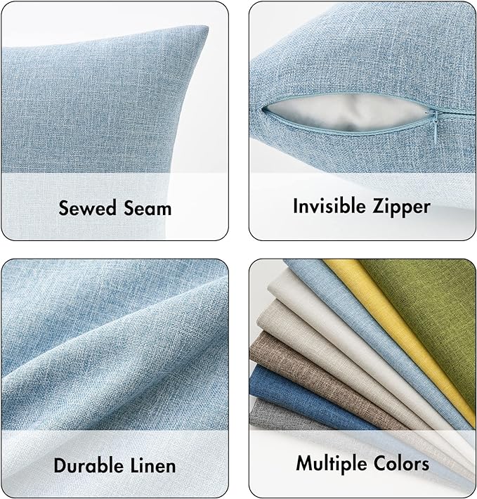 Close-up of the textured linen burlap fabric of the light blue square pillow cover.