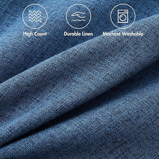 Close-up of the textured blue linen burlap fabric, showing its natural weave and farmhouse style.