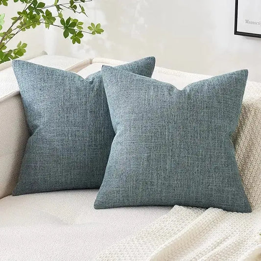 Pair of grey blue linen burlap throw pillow covers, square 20x20 inch, displayed flat.