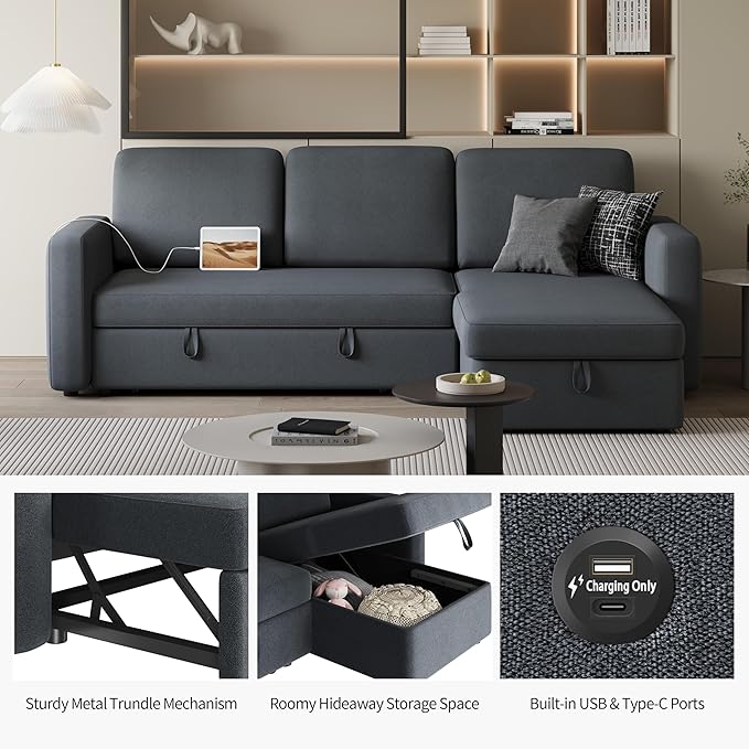Side view of the dark gray sectional sofa, showcasing its clean lines and comfortable cushions.